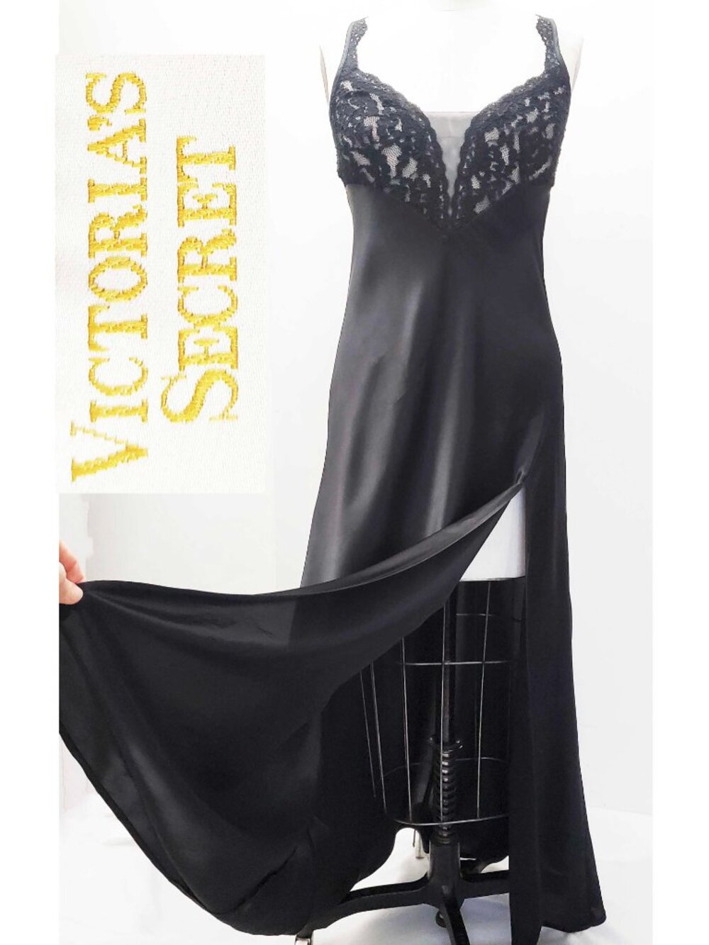 VTG Victoria's Secret Women's Maxi Satin Black Bias Nightgown Lace Gold Label S